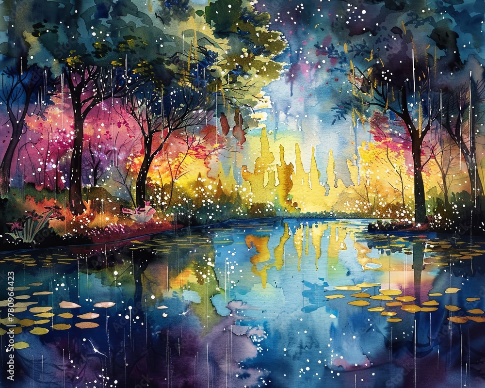 Watercolor Fantasy Forest Reflection in Lake