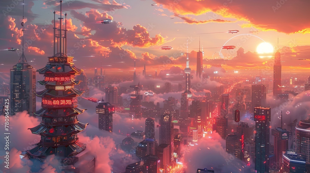 Fototapeta premium Futuristic Cityscape at Sunset Digital Art
