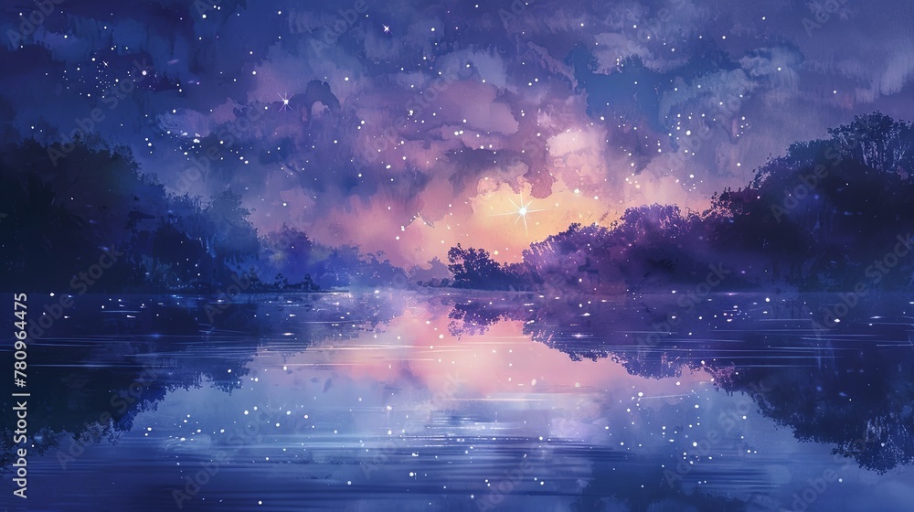 Naklejka premium Starry Night Over Serene Mountain Lake