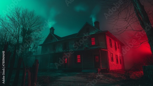 A spooky old house with red lights glowing in the darkness, creating a dramatic and eerie atmosphere.