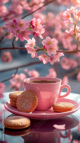 A pink cup of coffee and a few cookies with sakura on the tableon the city background. Close up, Generative AI