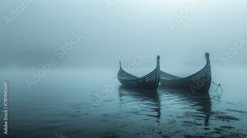 Simplistic depiction of Nordic ships on a bold and theatrical backdrop