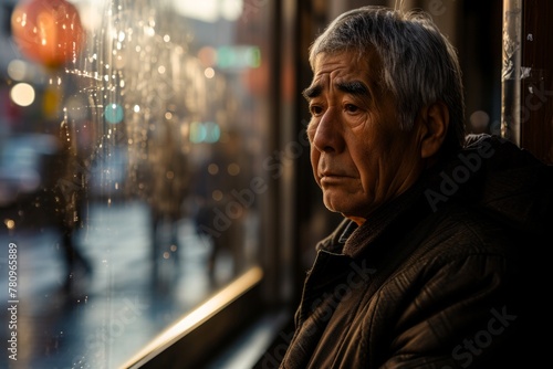 Portrait of an old man looking through the window at night.