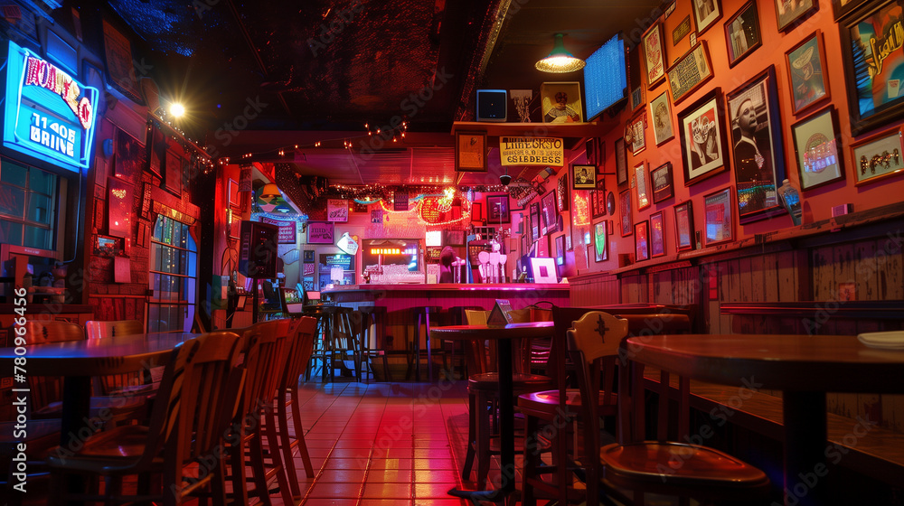 A cozy, vibrantly lit establishment features wooden tables, stools, and even a karaoke machine