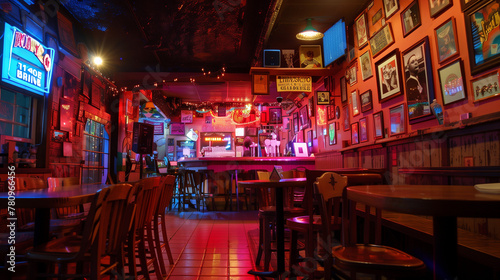 A cozy, vibrantly lit establishment features wooden tables, stools, and even a karaoke machine photo