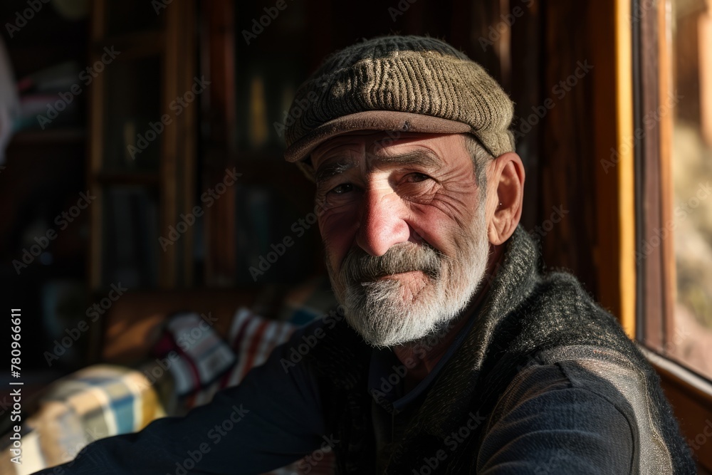 Portrait of an elderly man with a gray beard in a knitted cap. Portrait of an elderly man with a gray beard in a knitted cap.