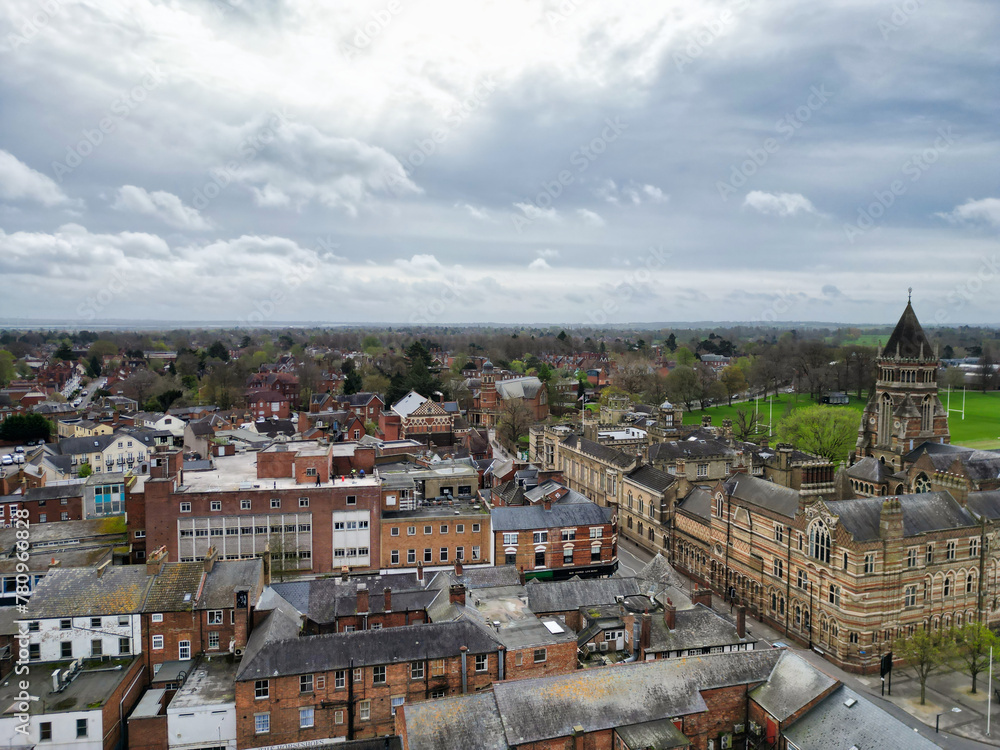 Aerial Footage of Central Rugby City of England During Cloudy and Windy Evening. Great Britain