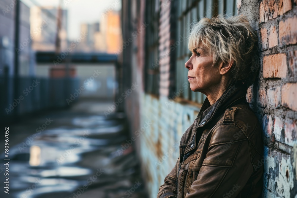 Portrait of a beautiful middle-aged woman in a leather jacket against a brick wall.