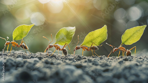 close up of group of ant holding green leaf on soil , incest life , micro view , ant colony