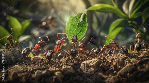 close up of group of ant holding green leaf on soil , incest life , micro view , ant colony photo