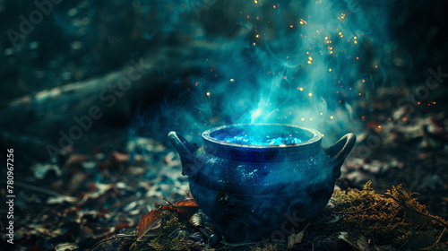 blue magical poison water in a kettle, fantasy item, witch item