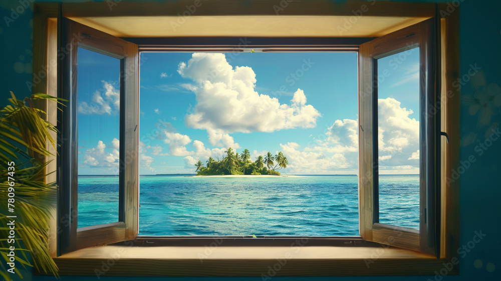 Fototapeta premium tropical island view window , blue sky on sea ,transparent blue sea