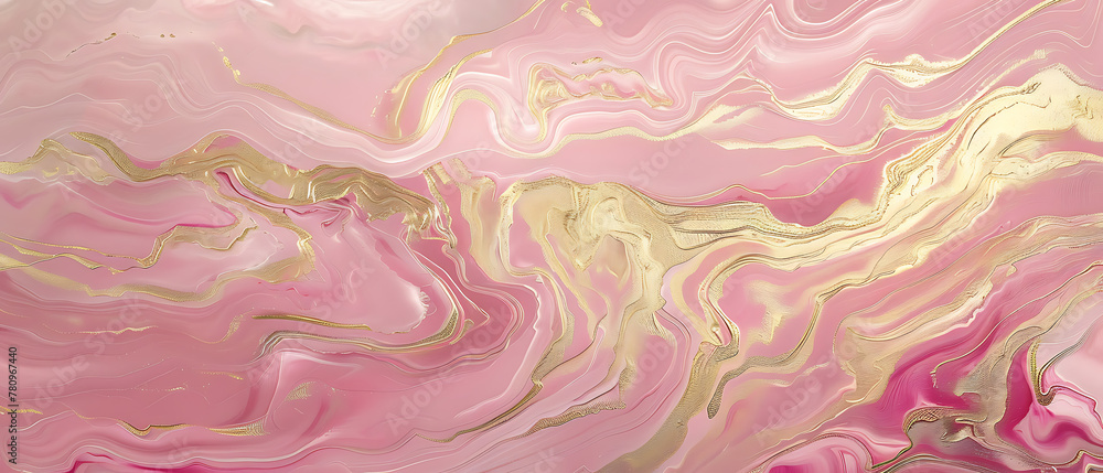 abstract art piece features swirling patterns of pink and gold. The wide, horizontal canvas is dominated by various shades of pink