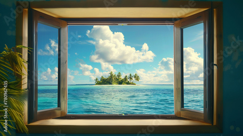 tropical island view window , blue sky on sea ,transparent blue sea
