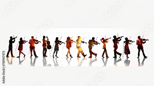 In the image, a group of musicians pose for a photo, their instruments in hand, against a white background.