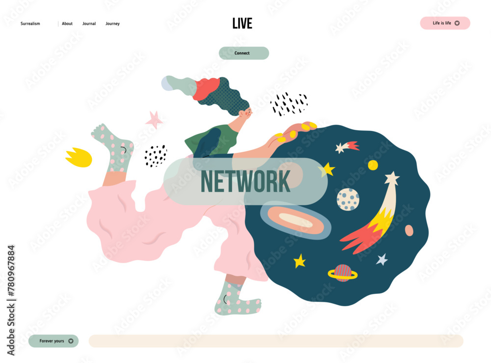 Life Unframed: Space -modern flat vector concept illustration of a encapsulated universe pusher. Metaphor of unpredictability, imagination, whimsy, cycle of existence, play, growth and discovery - obrazy, fototapety, plakaty 