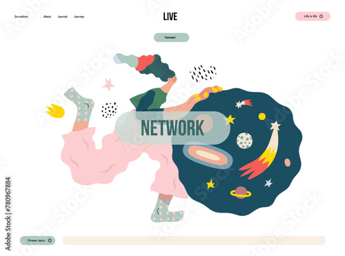 Life Unframed: Space -modern flat vector concept illustration of a encapsulated universe pusher. Metaphor of unpredictability, imagination, whimsy, cycle of existence, play, growth and discovery