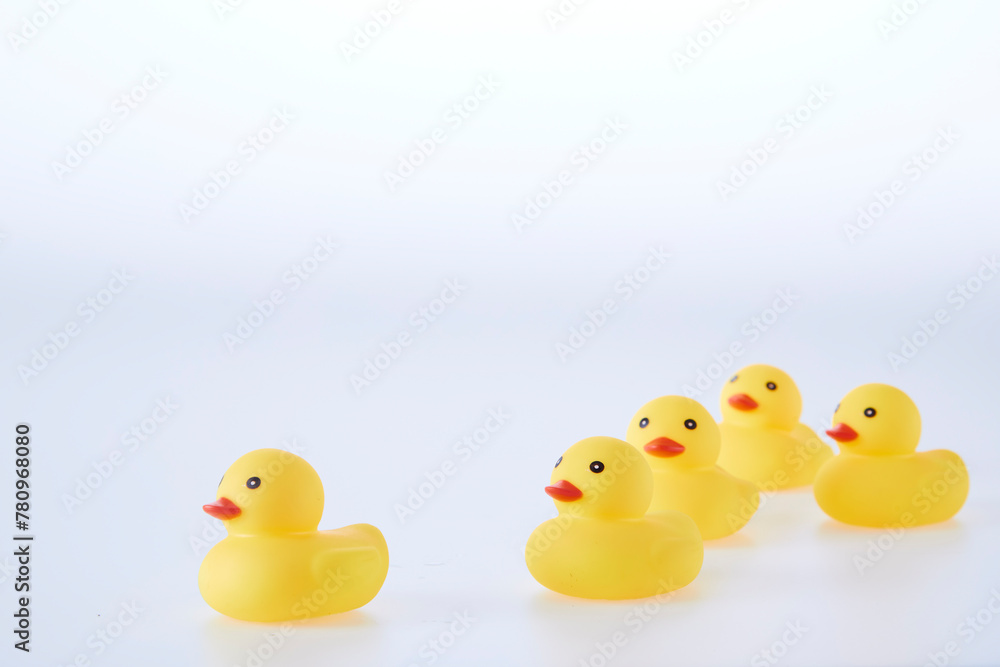 Five Yellow rubber ducks on a white background Five Yellow rubber ducks on a white background