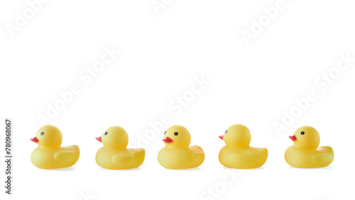 Five Yellow rubber ducks on a white background