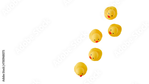 Five Yellow rubber ducks on a white background