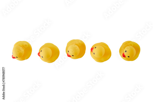 Five Yellow rubber ducks on a white background