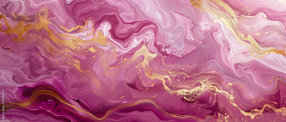 abstract art piece features swirling patterns of pink and gold. The wide, horizontal canvas is dominated by various shades of pink abstract art piece features swirling patterns of pink and gold. The wide, horizontal canvas is dominated by various shades of pink