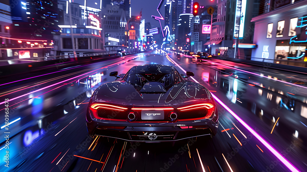a thrilling car racing scene from a video game. The central focus is on a sleek, modern sports car viewed from the rear