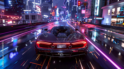 a thrilling car racing scene from a video game. The central focus is on a sleek, modern sports car viewed from the rear photo