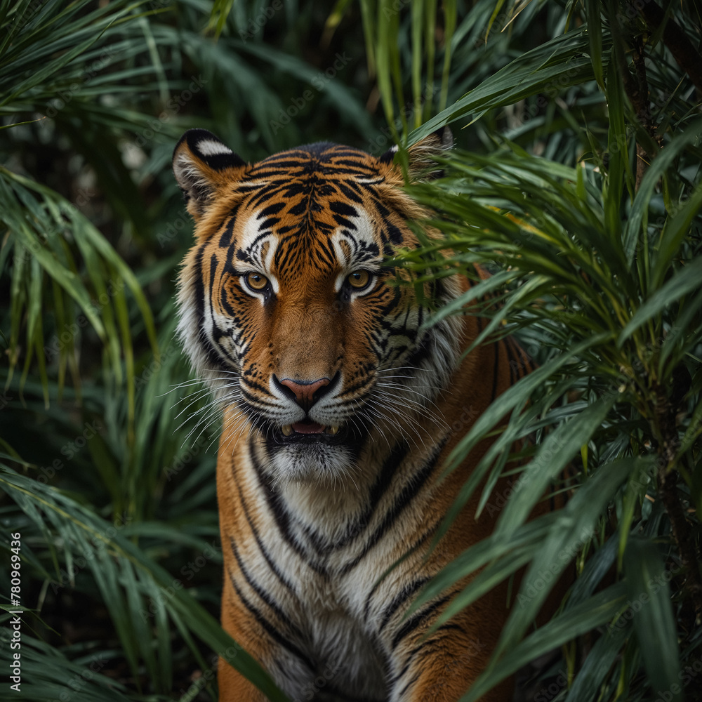 A terrifying tiger hidden among the dark green large palm leaves. Tropical Forest Animals.