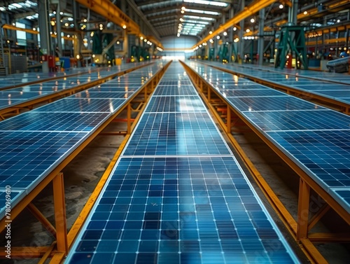 Solar panels manufacturing. huge solar panels for sustainable projects. Green energy and nature conservation 