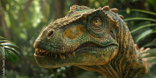 Detailed view of a dinosaur in its natural habitat among trees in a forest setting.