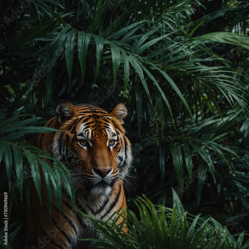 A terrifying tiger hidden among the dark green large palm leaves. Tropical Forest Animals.