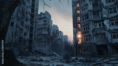 Derelict buildings and debris in a city at twilight, with a lone lit window