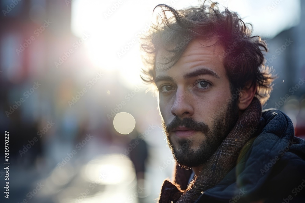 Portrait of a handsome young man with beard and mustache on the street Portrait of a handsome young man with beard and mustache on the street