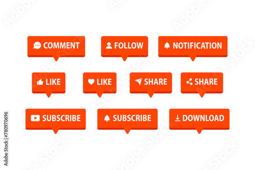 Social media speech bubble with text set. Like, comment, share, follow, subscribe, notification, download. Flat modern vector design illustration isolated on background.