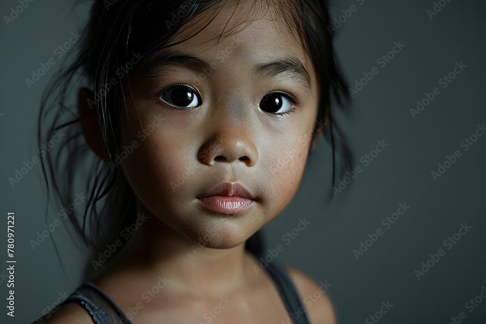 Portrait of little asian girl looking at camera on dark background Portrait of little asian girl looking at camera on dark background