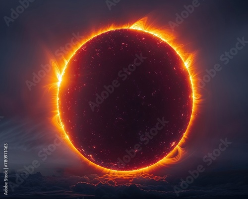 A solar eclipse viewed through a hightech telescope, its image processed in realtime to highlight the suns atmosphere in ultraviolet light  photo