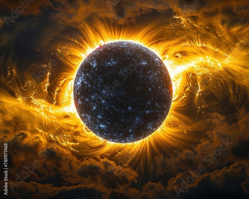 A solar eclipse viewed through a hightech telescope, its image processed in realtime to highlight the suns atmosphere in ultraviolet light photo