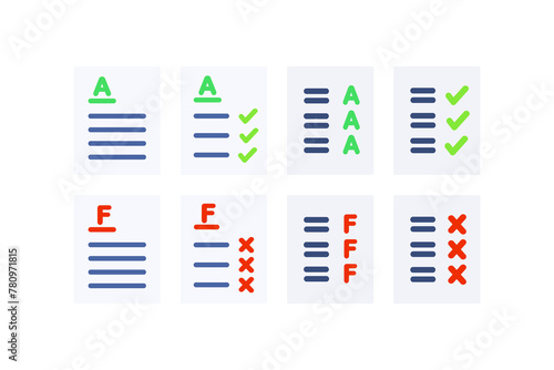 Set of A and F grade paper form icon. Excellent and failed score result. Performance, achievement, evaluation concepts. Flat vector design illustration isolated on background.