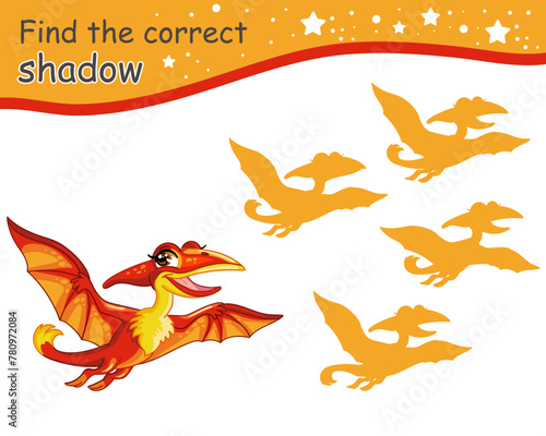 Find correct shadow of cute pterodactyl dinosaur vector illustration