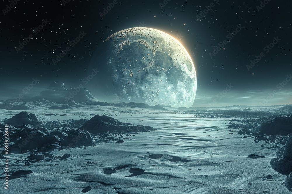A survey of distant moons, where icy surfaces hide the secrets of ancient oceans and the potential for life. Concept of lunar exploration. Generative Ai.