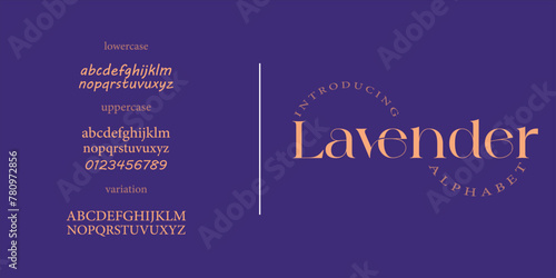 Lavender elegant Font Uppercase Lowercase and Number. Classic Lettering Minimal Fashion Designs. Typography modern serif fonts regular decorative vintage concept. vector illustration