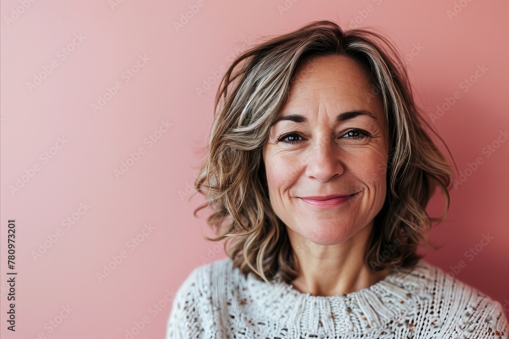 Portrait of a smiling middle aged woman looking at the camera on a pink background Portrait of a smiling middle aged woman looking at the camera on a pink background