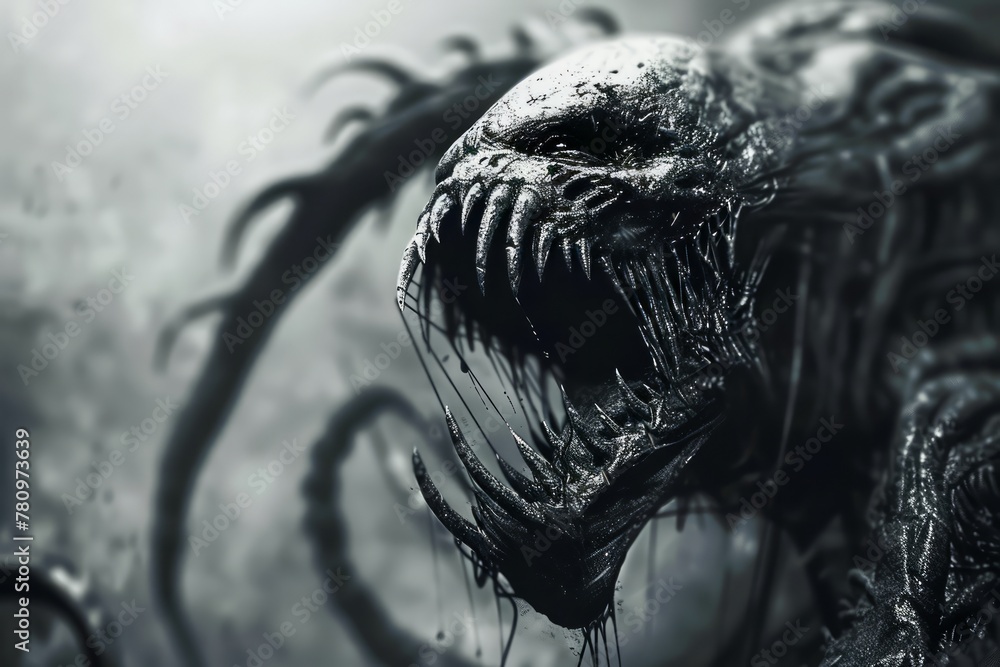 Monochrome Alien Creature Illustration Depicting Sci Fi Horror Theme, Perfect for Backgrounds and Creative Projects Monochrome Alien Creature Illustration Depicting Sci Fi Horror Theme, Perfect for Backgrounds and Creative Projects