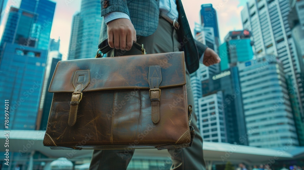 A man is walking with a brown leather briefcase. Business concept