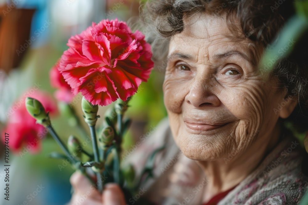 A woman is holding a red flower and smiling. Happy Mother's Day concept A woman is holding a red flower and smiling. Happy Mother's Day concept