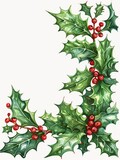 Holly and Berries, Festive green holly leaves and bright red berries with textured details, perfect for holiday illustrations , Gouache Floral borders and frame illustration