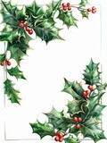 Holly and Berries, Festive green holly leaves and bright red berries with textured details, perfect for holiday illustrations , Gouache Floral borders and frame illustration