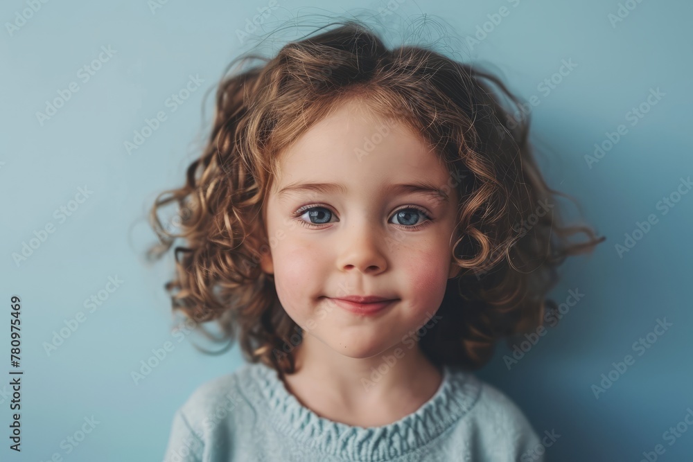 Portrait of a cute little girl with curly hair on a blue background Portrait of a cute little girl with curly hair on a blue background