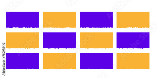 Blank paper cut tear pieces. Set of vector shapes. Purple and yellow torn rectangles isolated on white backdrop 